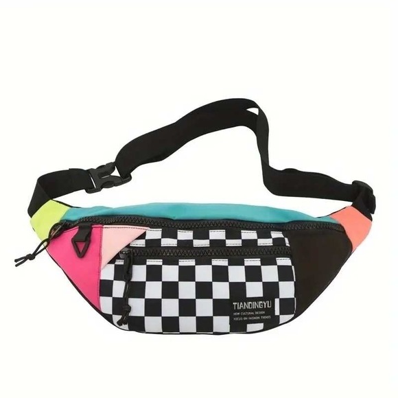 Color Block Large Fanny Pack‎ Checkered Belt Bag Festival Travel - Picture 1 of 3